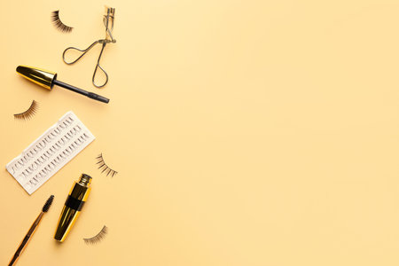 Composition with false eyelashes, black mascara and tools on color backgroundの写真素材