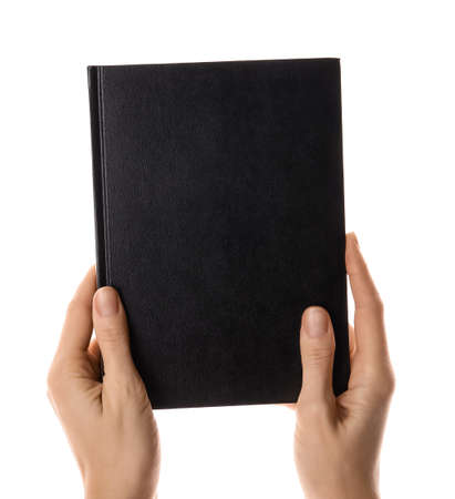 Woman holding book on white backgroundの写真素材