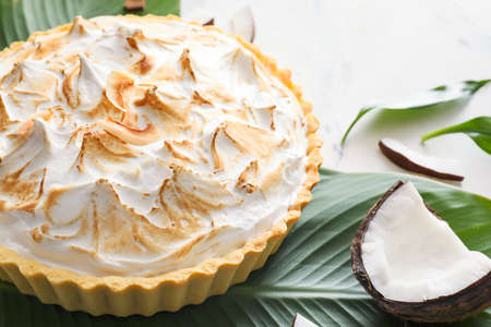Tasty coconut pie on light backgroundの写真素材