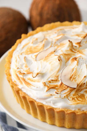 Plate with tasty coconut pie, closeupの写真素材