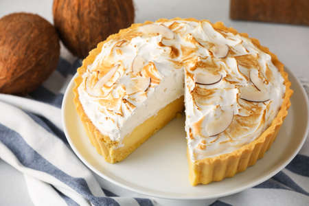 Plate with tasty coconut pie, closeupの写真素材