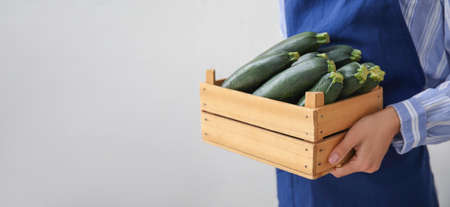 Woman holding wooden box with fresh zucchini squashes on light background with space for textの写真素材