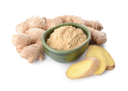 Bowl with ginger powder on white backgroundの写真素材