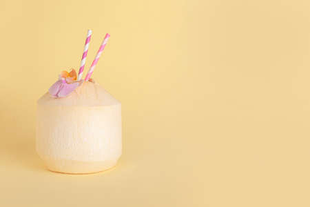 Fresh coconut on color backgroundの写真素材