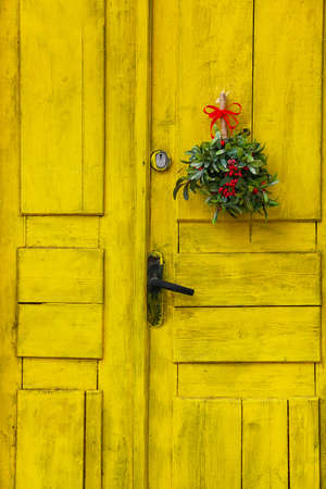 Mistletoe branch on wooden door, outdoorsの写真素材