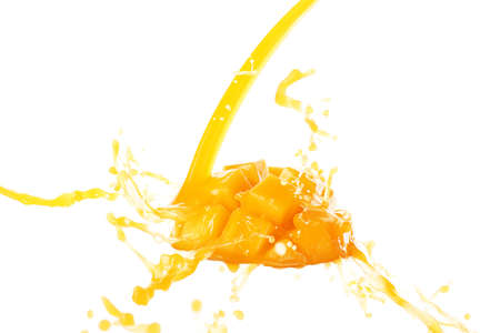 Fresh mango and splash of juice on white backgroundの写真素材