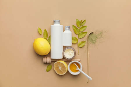 Composition with natural cosmetic products on color background