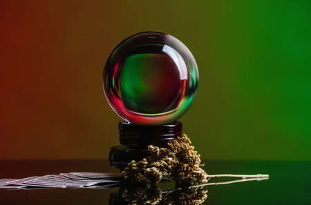 Crystal ball of fortune teller, cards and dry herbs on tableの写真素材