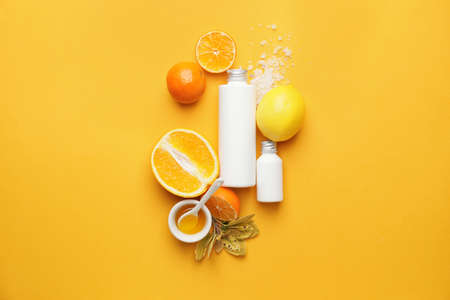 Composition with natural cosmetic products on color backgroundの写真素材