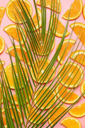 Pieces of fresh oranges with tropical leaf on color backgroundの写真素材