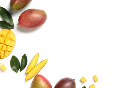 Composition with sweet ripe mangoes on white backgroundの写真素材