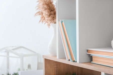 Stylish shelf unit with books in room, closeupの写真素材