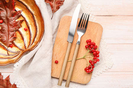 Beautiful table setting for Thanksgiving Day celebration on wooden backgroundの写真素材