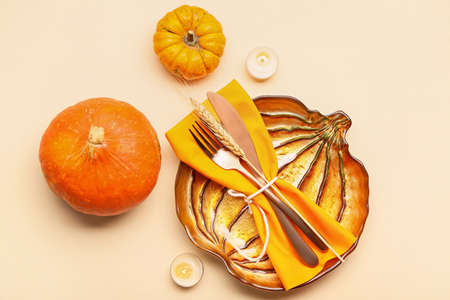 Beautiful table setting for Thanksgiving Day celebration on light backgroundの写真素材