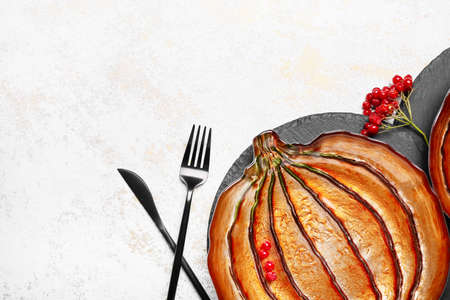 Beautiful table setting for Thanksgiving Day celebration on light backgroundの写真素材