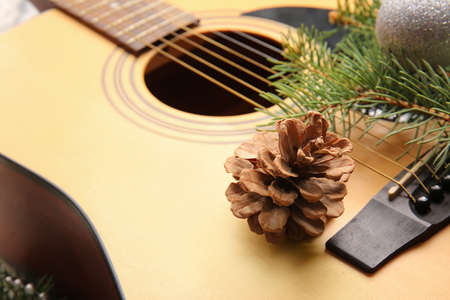 Guitar with Christmas decor, closeupの写真素材