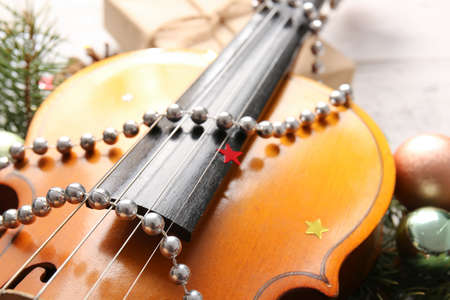 Violin and Christmas decor, closeupの写真素材
