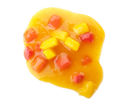 Tasty mango salad with sauce on white backgroundの写真素材