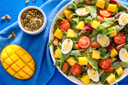 Plate of fresh mango salad on color wooden backgroundの写真素材