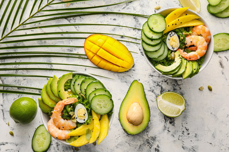 Bowls of fresh salad with mango, shrimps and vegetables on light background