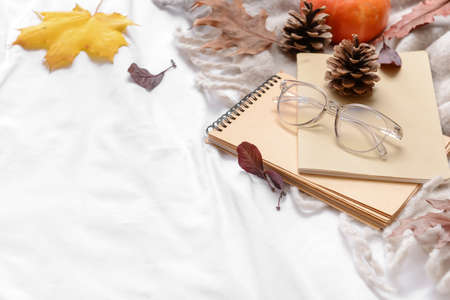 Beautiful autumn composition with notebooks and eyeglasses on bedの写真素材