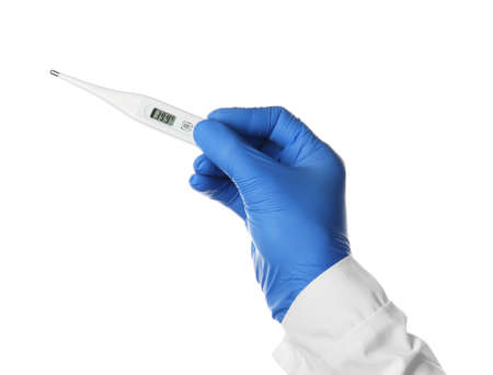 Hand of doctor with thermometer on white background