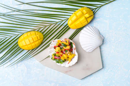Sea shell with fresh mango salsa on color backgroundの写真素材