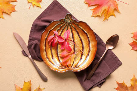 Beautiful table setting for Thanksgiving Day celebration on color backgroundの写真素材