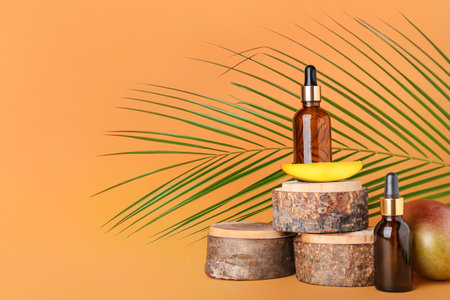 Composition with mango essential oil on color backgroundの写真素材