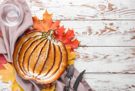 Beautiful table setting for Thanksgiving Day celebration on white wooden backgroundの写真素材
