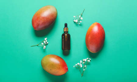 Bottle of mango essential oil on color backgroundの写真素材