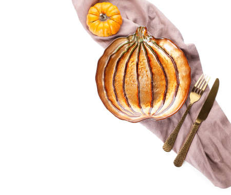 Beautiful table setting for Thanksgiving Day celebration on white backgroundの写真素材