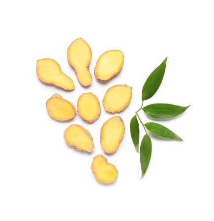 Fresh ginger on white backgroundの写真素材