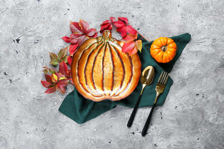 Beautiful table setting for Thanksgiving Day celebration on grunge backgroundの写真素材