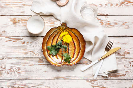 Beautiful table setting for Thanksgiving Day celebration on white wooden backgroundの写真素材