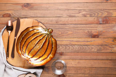 Beautiful table setting for Thanksgiving Day celebration on wooden backgroundの写真素材