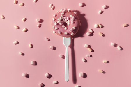 Donut and plastic fork on color background