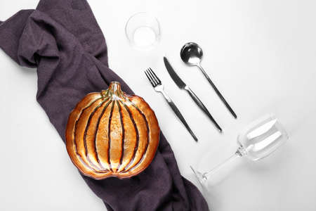 Beautiful table setting for Thanksgiving Day celebration on light backgroundの写真素材