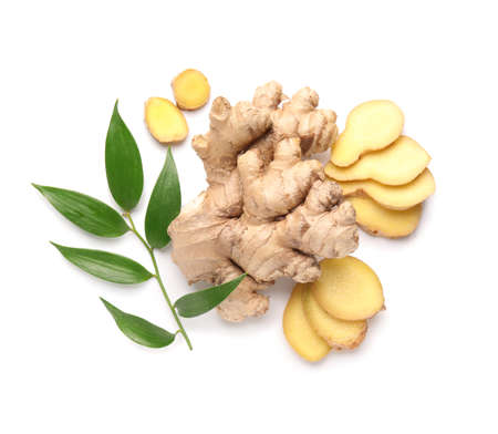 Fresh ginger on white backgroundの写真素材