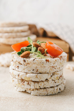 Stack of rice crackers on grunge backgroundの写真素材