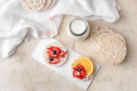 Composition with rice crackers on grunge backgroundの写真素材