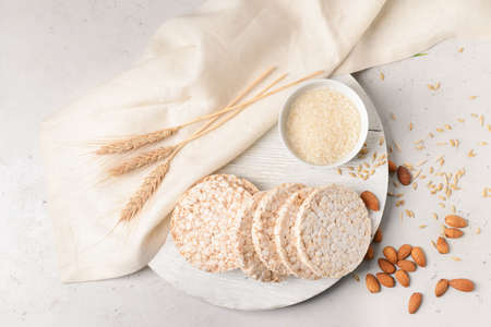Composition with rice crackers on light backgroundの写真素材