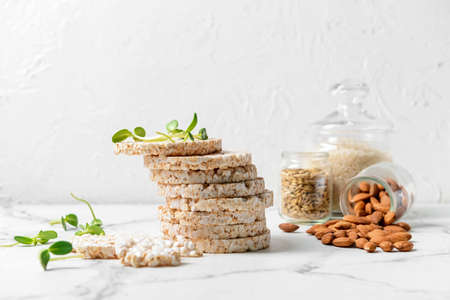 Composition with rice crackers on light backgroundの写真素材