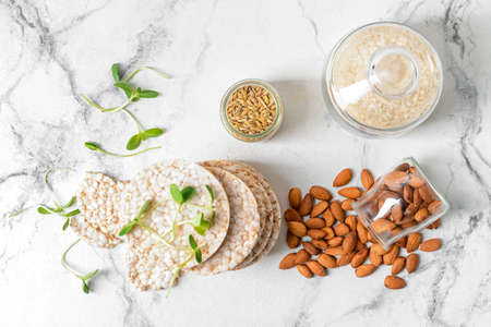 Composition with rice crackers on light backgroundの写真素材