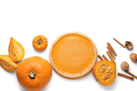 Composition with tasty pumpkin pie on white backgroundの写真素材