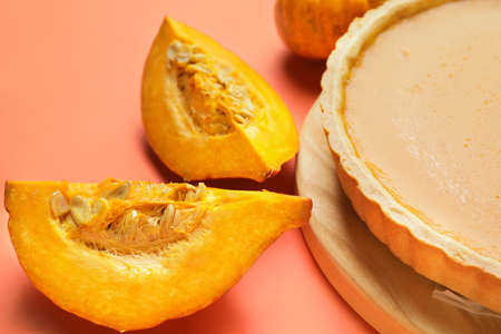 Tasty pumpkin pie on color background, closeupの写真素材