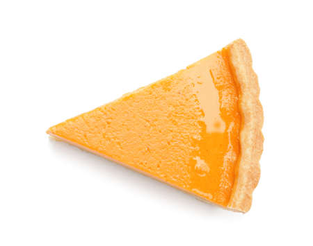 Slice of tasty pumpkin pie on white backgroundの写真素材