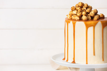 Tasty cake with popcorn and caramel on light wooden backgroundの写真素材