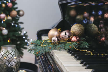 Grand piano decorated for Christmas, closeupの写真素材