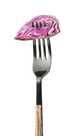 Fork with piece of cabbage on white backgroundの写真素材